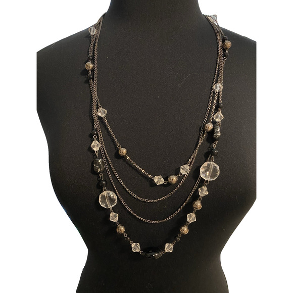 Vintage 4-Tier Statement Necklace Beaded Silver Tone 17 in Chain Boho Necklace - Picture 1 of 6